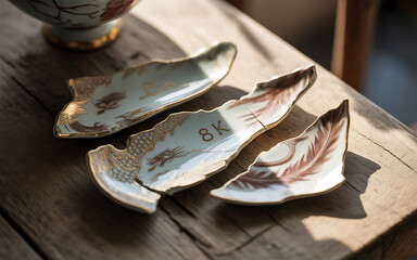 Broken antique porcelain dish shattered into pieces on a rustic wooden surface symbolizing fragility and damage