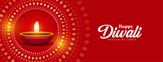 Diwali festival greeting with diya lamp and traditional rangoli pattern