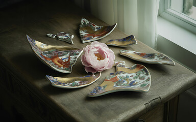 Broken ceramic plates and a pink peony on a wooden table conceptual still life symbolizing fragility and loss
