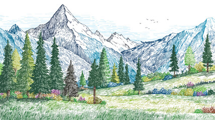 Mountain Landscape Artwork in Frame Home Decor with Plants Vector