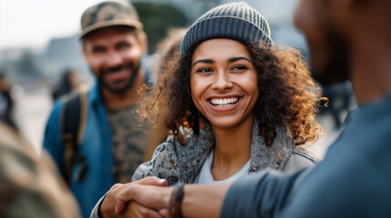 Obraz premium Friend group welcoming returning service member friendship reunion peer greeting friends gathering social reunion friend support group welcome friendship celebration with