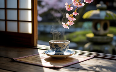 Cup of tea on a wooden table with cherry blossoms and a Japanese garden view representing tranquility and relaxation