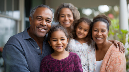 Obraz premium Happy family on front porch of home residential living porch gathering family home American housing family happiness home ownership domestic contentment with copy space