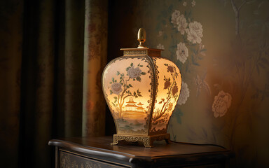 Vintage table lamp with floral design glowing softly on a wooden table creating a warm and inviting atmosphere