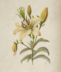 Realistic botanical artwork of a yellow lily flower with buds and stems on beige textured paper. Perfect for botanical wall art, garden prints, and floral designs.