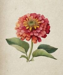 Botanical artwork of a Zinnia bloom in red and yellow hues with green leaves, painted on textured beige paper. Ideal for botanical prints, floral wall art, and stationery design.