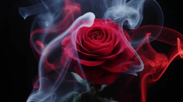 Dramatic red rose swirling with ethereal smoke, perfect for romantic designs and elegant artistic projects, add a touch of mystique to your work