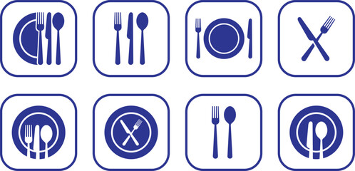 Restaurant menu cutlery icon set. Minimal flat silhouette plate, fork, knife, spoon symbols in rectangle frames, isolated on transparent background. Restaurant and cafe symbol. Vector illustration.
