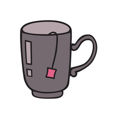 Steaming hot tea cup doodle style animation isolated vector illustration on white background. Tea bag in brown cup