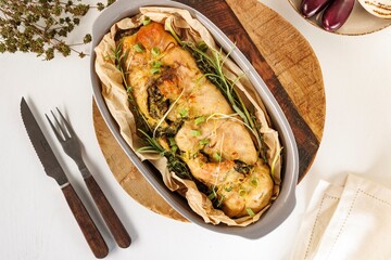 A succulent chicken dish, artfully baked and seasoned, is presented in a ceramic baking dish on a wooden board, ready to be served with a fork and knife nearby