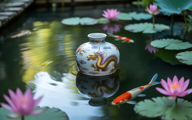 Ceramic vase with golden dragon design in a pond surrounded by water lilies and koi fish creating a serene and artistic composition