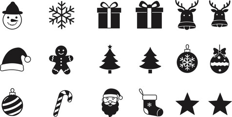 Christmas holiday icons set – snowman, tree, Santa, gifts, ornaments, stars, gingerbread, reindeer, and festive decorations silhouette pack