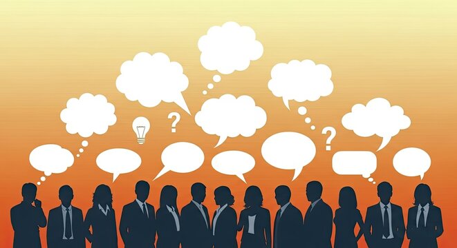 People Sharing Ideas Through Thought Bubbles in a Meeting - Powered by Adobe