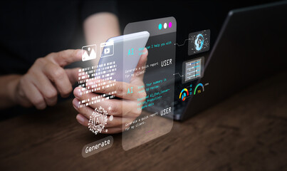 Artificial intelligence assistant interface connecting smartphone and laptop. AI agent technology, automation, and digital data analytics for smart productivity future business innovation.