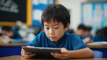 focused asian school boy using digital tablet at class in classroom attentive junior school student learning online virtual education digital program app tech during stem computer science lesson no l