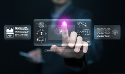 Futuristic artificial intelligence assistant interface with touch command data visualization. AI agent technology, automation, smart innovation for digital business productivity.