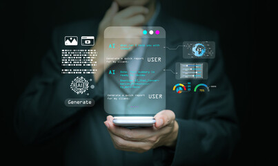 Artificial intelligence assistant helping user generate reports and manage digital data via smartphone, showing futuristic AI agent technology, automation, smart business productivity tools.