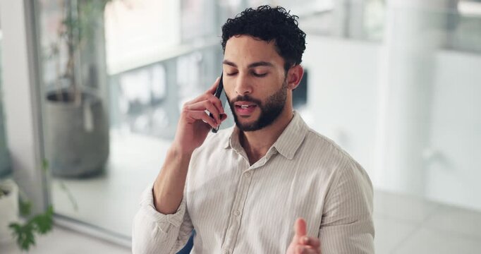 Man, phone call and talk in office at startup, insight and contact with networking for deal at media company. Person, smartphone and listen with decision, negotiation or proposal at creative agency