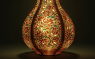 Ornate decorative lamp with floral pattern glowing with warm light perfect for interior design and home decor concepts