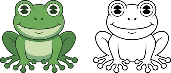 Cute green frog with lighter belly, black‑and‑white coloring version, animal illustration for children’s books and projects