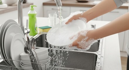 Hands efficiently cleaning kitchenware under running water with abundant dish soap suds in a modern kitchen, highlighting daily domestic hygiene and home care tasks