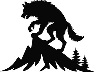 A howling wolf stands atop mountains a striking black silhouette on transparent background