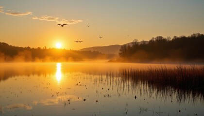 cinematic sunrise over lake with birds flying through mist, shimmering golden reflections, peaceful grandeur.