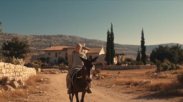 Wide cinematic shot of Mary arriving on a donkey at the simple, beautiful home of Elizabeth and Zechariah in the hill country of Judea, bathed in warm light and quiet reverence.
