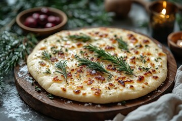 Cheese and herb pizza on wooden board.