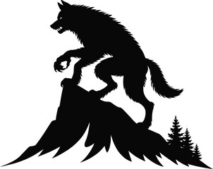 Howling wolf atop a rocky peak black shape on transparent background silhouette