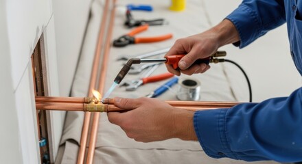 Close-up of a skilled professional plumber's hands expertly soldering copper pipes with a gas torch, performing essential installation and repair work on a modern heating system