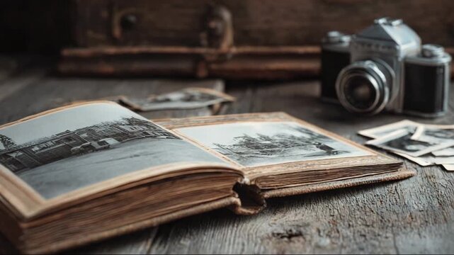 Vintage photo album open on wooden table with retro camera nearby  