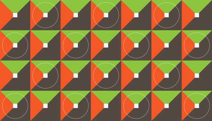 Seamless geometric pattern featuring repeating squares filled with green and orange triangle and concentric circular lines on a brown background