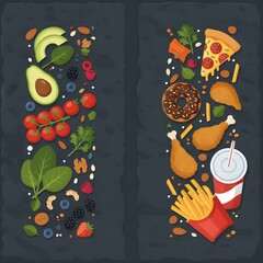 Healthy vs unhealthy food illustration, balanced diet concept