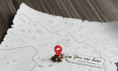 Vintage Map with GPS Pin and "You Are Here" Wildlife Tracking Tag
