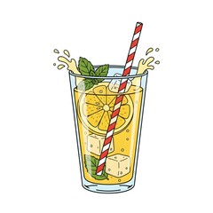 Refreshing Lemon Mint Drink with Ice and Straw – Vibrant Summer Beverage Illustration