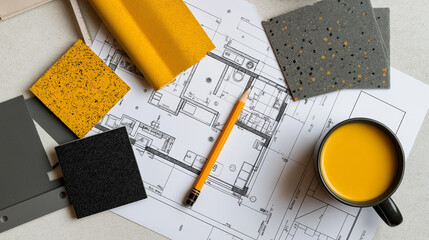 Top-view interior moodboard with textures, sketches, cup of coffee  and design samples. A clean and modern composition ideal for architectural, furniture, or home decor stock use