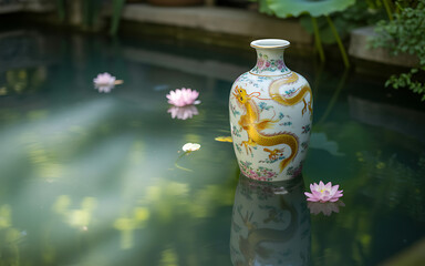 Ornate vase with a golden dragon floating in a pond surrounded by pink water lilies creating a serene and artistic scene