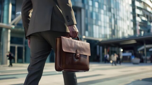 Professional man walking with a briefcase in a busy urban area during the afternoon