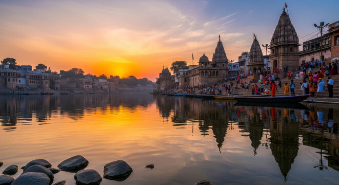 Sunset Reflection on Sacred River Ganges Temples and Ghats