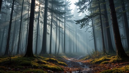 Fototapeta premium misty pine forest after rain, soft light beams cutting through fog, wet mossy ground, peaceful atmosphere, realistic tone mapping