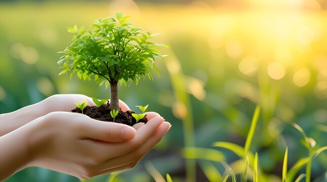 environment Earth Day In the hands of trees growing seedlings. Bokeh green Background Female hand holding tree on nature field grass Forest conservation concept  - Powered by Adobe