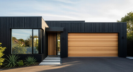 Fototapeta premium Modern Black Wood Clad House with Natural Wood Garage Door and Large Window