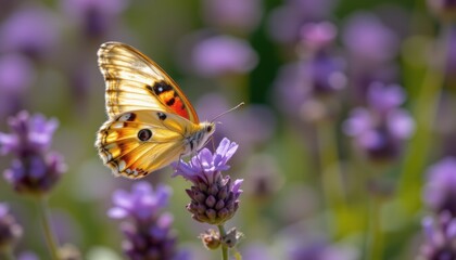 Obraz premium realistic macro photo of a butterfly perched on a lavender flower, bright sunlight and shallow focus