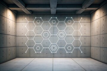Futuristic hexagonal grid interface displayed on concrete wall in modern digital laboratory environment