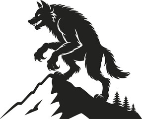 Howling wolf on rocky terrain with trees a striking silhouette on transparent background