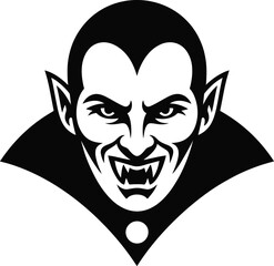 Intense vampire head illustration in black and white on transparent background silhouette
