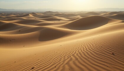 desert landscape with soft sand dunes and wind patterns, sunlight creating long shadows, realistic photography