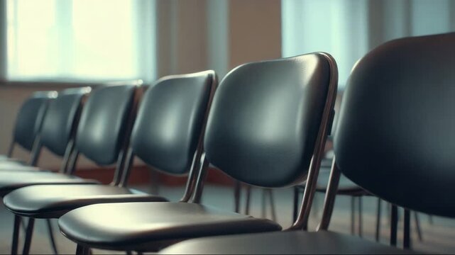 Row of black chairs lined up in modern indoor setting  