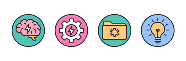 Flat vector icon sheet of AI design process icons – Ideal for machine learning, data science, or prompt engineering visuals.